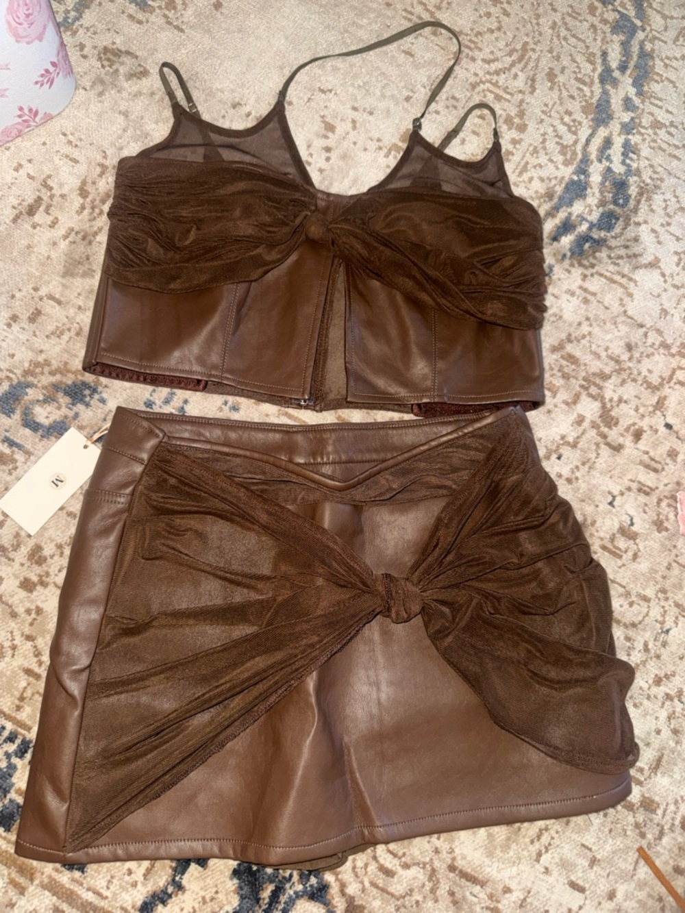 Brown Leather-Look Knot Front Mini Skirt - Brand: